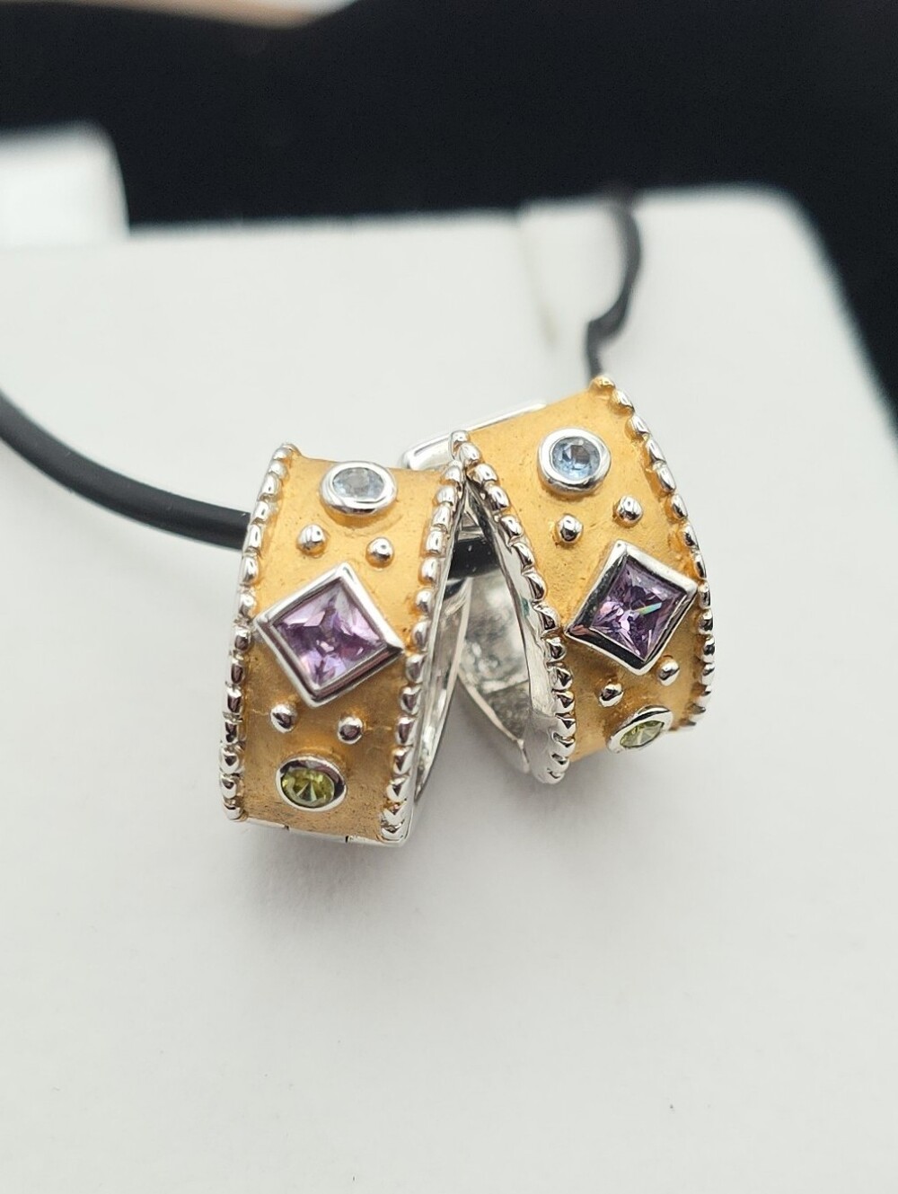 Byzantine Multi Stone Gold Wash & 925 Sterling Silver Huggie Hoop Earrings
